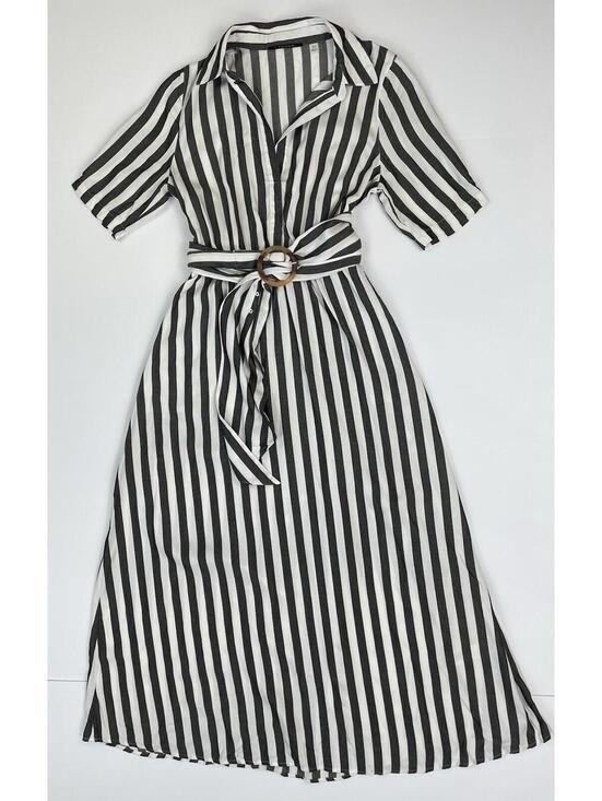 T Tahari Dresses & Skirts - T Tahari Women's Charcoal Black White Striped Belted Shirtdress  Nautical SM